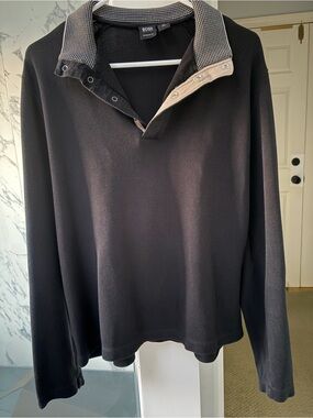 BOSS Hugo Boss Men’s XL Black Long Sleeve Knit Polo Contrast Collar